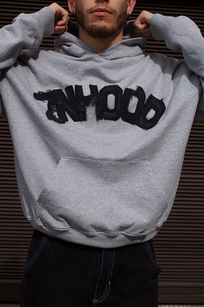 DISTRESSED DENIM LOGO OVERSIZED HOODIE