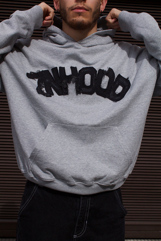 DISTRESSED DENIM LOGO OVERSIZED HOODIE