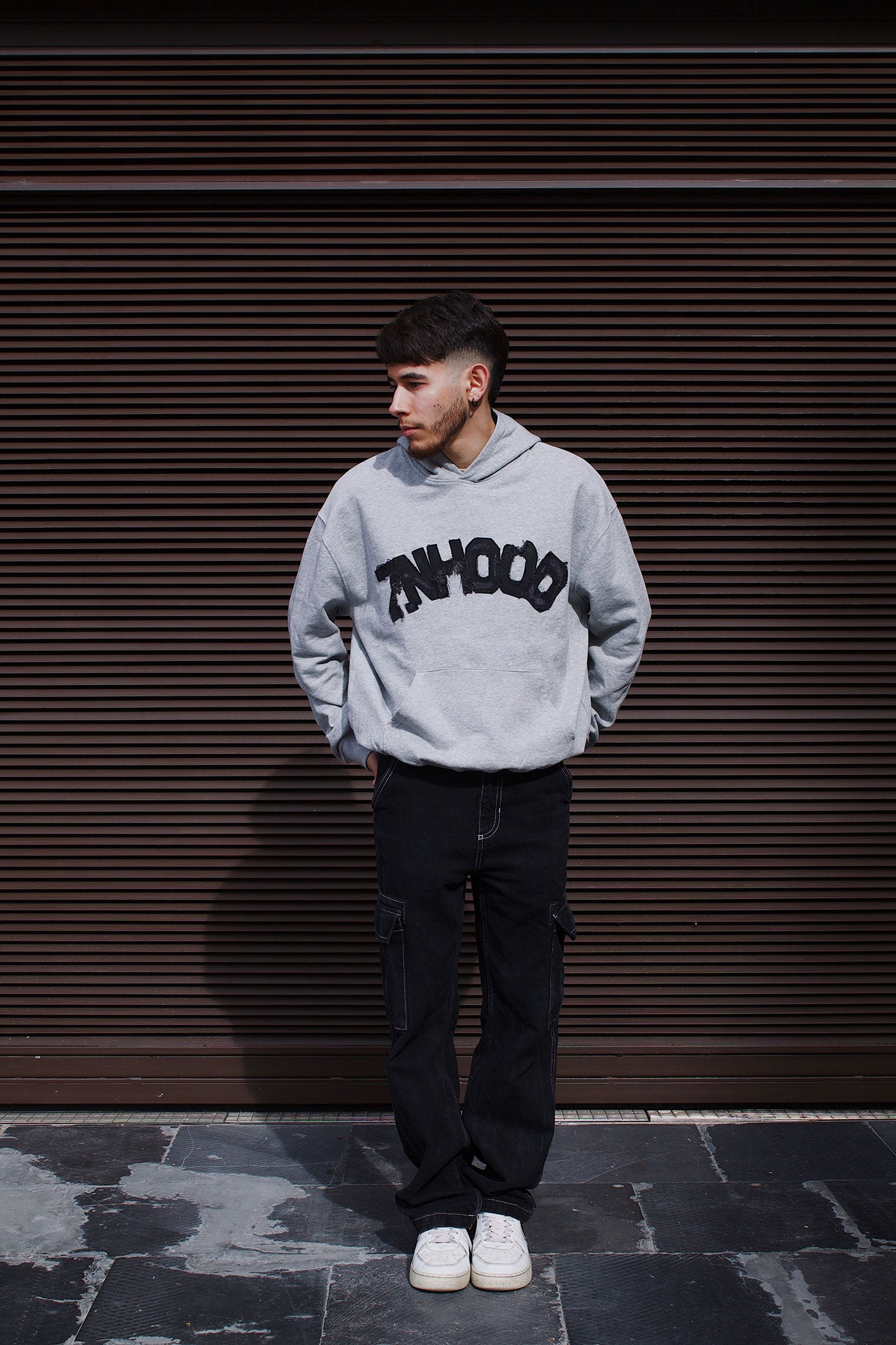 DISTRESSED DENIM LOGO OVERSIZED HOODIE